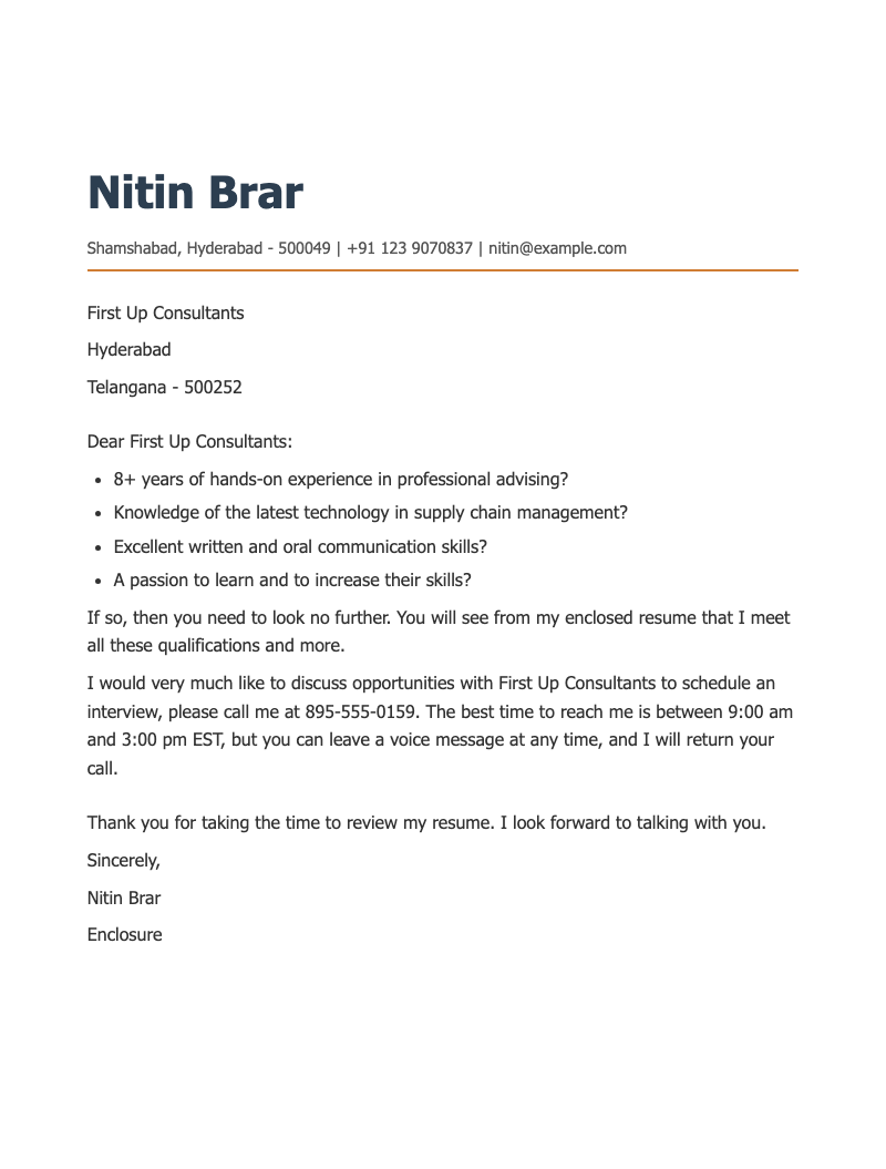 Resume cover letter for unsolicited resume - Professional job application letter with clean layout for experienced consultants showcasing qualifications and interview request.